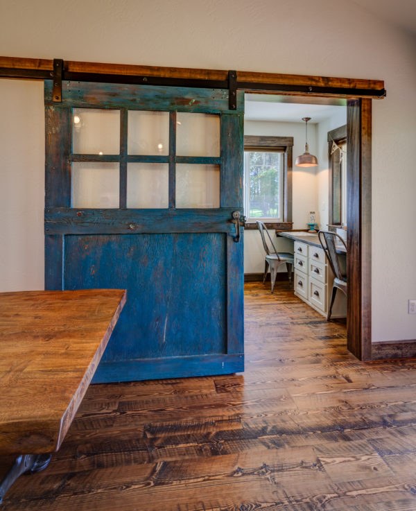Restored office nook with barn door